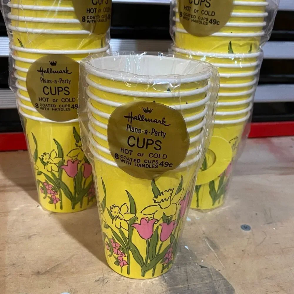Vintage Hallmark Plans-A-Party Yellow Floral Paper Cups 48 total 9 oz